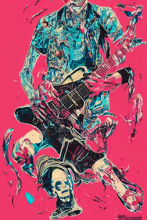 Image similar to risograph of a punk zombie playing guitar, tristan eaton, victo ngai, artgerm, rhads, ross draws, intricated details