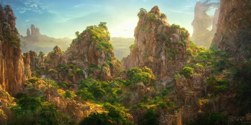 Image similar to sandstone castle, lush and beautiful concept art for the shire, floating rocks in the air, stone city, arabian nights, sand, golden sun, planets, lord of the rings, peter jackson, studio ghibli, detailed, realistic lighting, volumetric lighting, golden hour,