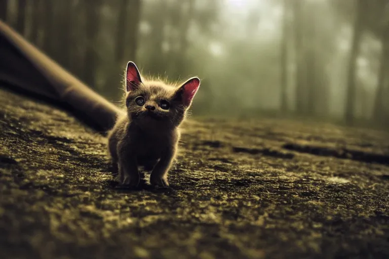 Prompt: a close shot of an ominous bat kitten being standing in a forest, detailed, mythical, mist, depressing, tired, dark, lush, nature, mist, mystery, glows, somber, dismal, fog, heavy fog, dark lighting, rim light, glow, ambient light,