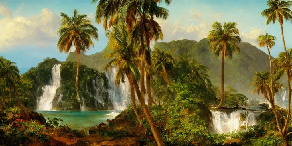 Image similar to a beautiful landscape painting of a tropical island with waterfall and palm trees, by frederic edwin church, oil on canvas, highly detailed, hd, 4 k
