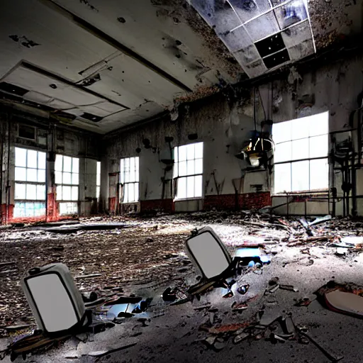 Image similar to abandoned robot factory, closed circuit tv