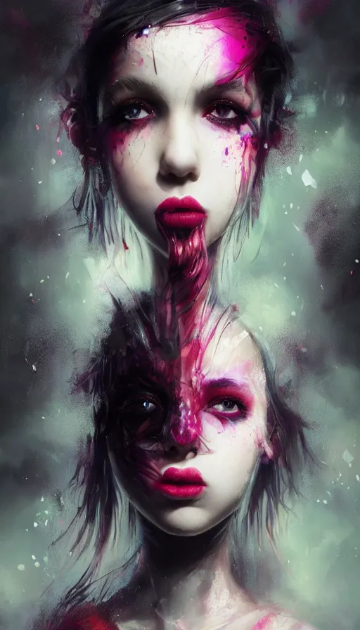 Image similar to shot of sinister girl with pouty aerochrome ( ( ( lips ) ) ), fungal, adorable, expressive eyes, kawaii playful pose of a dancer, greg rutkowski, charlie bowater, yuumei, stephen gammell, unreal 5, daz, hyperrealistic, dark, dynamic lighting, fantasy art, beautiful face