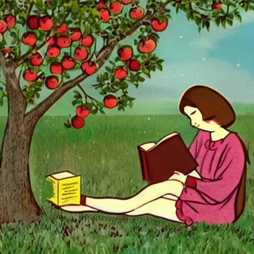 Prompt: eastern european 1 9 6 0 s style animation. girl reading a book under an apple tree in summer. folk horror.