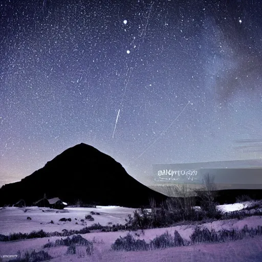 Image similar to calming relaxing snowy mountain silhouetted against a dark starry night sky from a distance