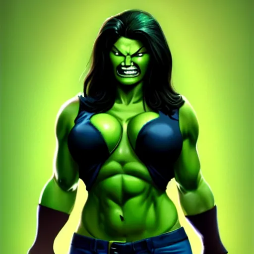 Prompt: Gina Carano She Hulk green skin, highly detailed, digital painting, artstation, concept art, smooth, sharp focus, illustration