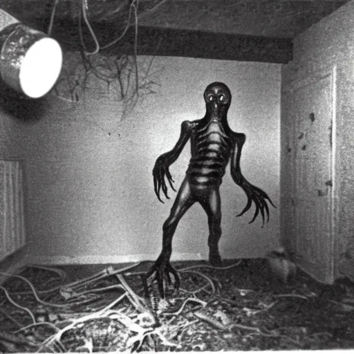 Image similar to 1 9 8 3, found footage, flash, old abandoned house, creepy mutant flesh creature, tentacles, glowing eyes, flesh blob