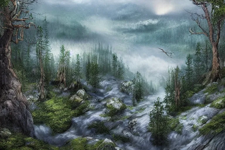 Prompt: beautiful swedish forest from the view of a mountain, misty, very detailed, fantasy landscape concept art