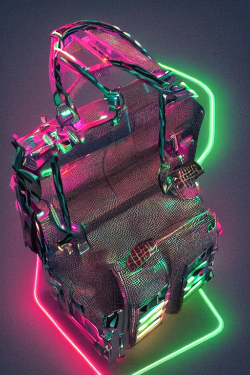 Image similar to photo of a handbag, band merchandise, printed band name is tripmachine, realistic digital art, hanbag is textured with a 3 d render of a huge futuristic steampunk generator, 8 k, fluorescent colors, halluzinogenic, multicolored, exaggerated detailed, unreal engine