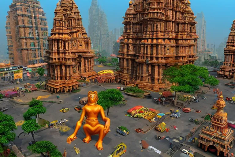 Image similar to high quality 3 d dreamscape! mumbai with biomorphic hanuman!! head building, kalighat highly detailed, unreal engine cinematic smooth, stephen shore & john j. park, soft morning light, wide shot, high angle, uhd 8 k, deep focus