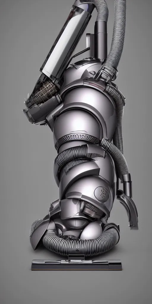 Prompt: insanely detailed product rendering of a vintage dyson vacuum cleaner, corrugated hose, chrome body, in the colors of Audrey kawasaki and style of jeff koons, unreal engine 5, nanite, quixel mixer, trending on behance, corporate 3d