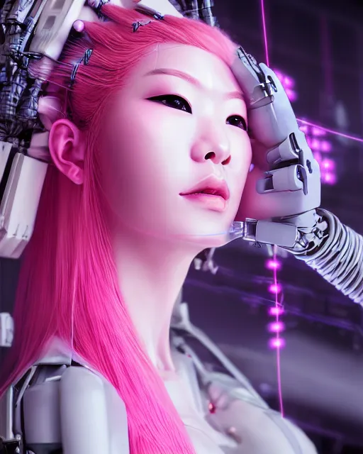 Image similar to portrait of a beautiful japanese woman with pink hair as a cyberpunk cyborg half robot, revealing wires and electronics, hooked - up, sci - fi, missing panels, intricate abstract upper body intricate artwork, concept art, octane render, deviantart, cinematic, key art, hyperrealism, iridescent accents, portrait photograph, nikon 3 5 mm, photograph by greg rutkowski