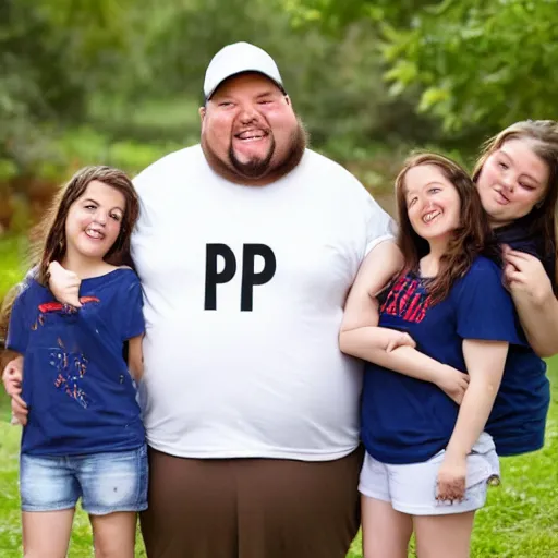 Image similar to very obese man with a t-shirt and a cap with the letter P, with his brunette wife and two daughters