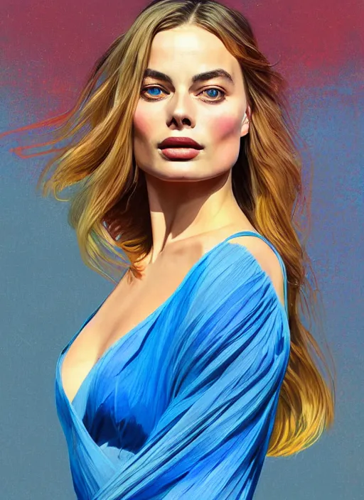 Image similar to margot robbie blue dress detailed clothing, half body shot, arms down, path traced, highly detailed, high quality, digital painting, alena aenami, lilia alvarado, shinji aramaki, karol bak, alphonse mucha, tom bagshaw