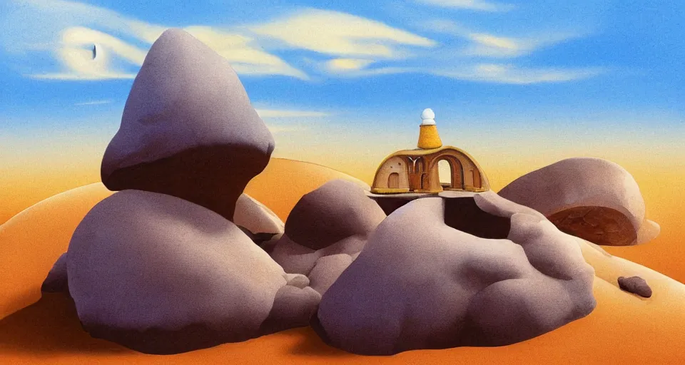 Image similar to digital painting of a tiny sacred spiral seashell house on top of a rock, by roger dean, syd mead, cell shaded graphics, concept art, minimalist, golden ratio