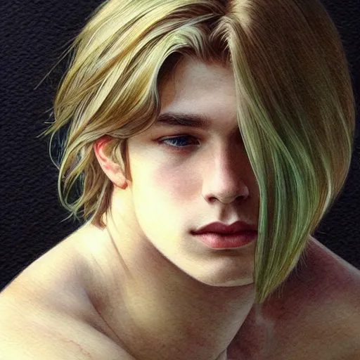 Image similar to teen boy, middle length hair, blonde hair, green eyes, gorgeous, amazing, delicate, elegant, intricate, highly detailed, watercolor, portrait, artstation, concept art, sharp focus, illustration, art by artgerm and greg rutkowski and alphonse mucha