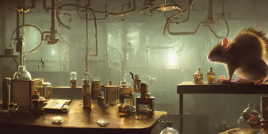 Image similar to rat sitting on a desk in a laboratory with lots of flasks filled with magic liquids and poisonous fog, stephen bliss, unreal engine, fantasy art by greg rutkowski, loish, rhads, ferdinand knab, ilya kuvshinov, rossdraws, tom bagshaw, global illumination, radiant soft light, detailed and intricate environment