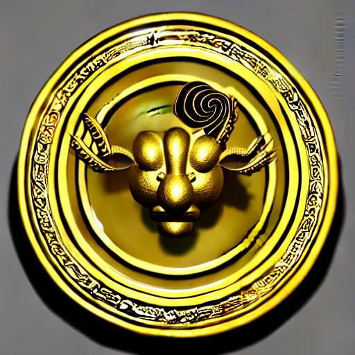 Image similar to stylized gold bok choy symbol with a coin in it's mouth : : ornate, dynamic, particulate, intricate, elegant, highly detailed, centered, artstation, smooth, sharp focus, octane render, 3 d