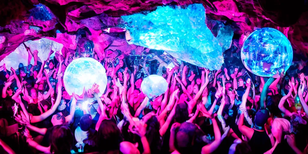Prompt: cinematic shot of a goth disco nightclub in a cave, sphere of knives made of pink lasers and blue crystals, people dancing, 8k photo, award winning, masterpiece