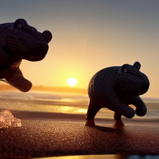 Image similar to a closeup photorealistic photograph of a cute smiling knitted tiger hippopotamus chasing a beachball at sunset. surf in the background. professional capture. this 4 k hd image is trending on artstation, featured on behance, well - rendered, extra crisp, features intricate detail, epic composition and the style of unreal engine.