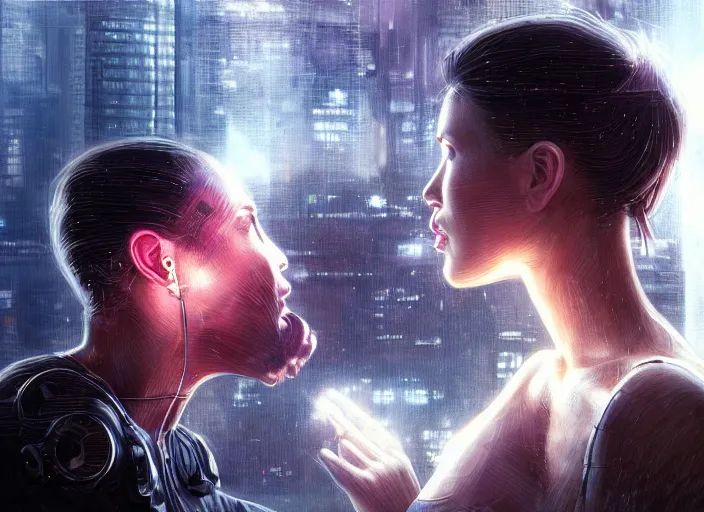 Image similar to ultra realistic medium shot of a couple of cyborgs kissing, lovers, cyberpunk, sci - fi, kodak, faces, colour led, soft light, volumetric lighting, fog, rays, night, rain, station, intricate detailed, digital painting, concept art, smooth, sharp focus, illustration, art by artgerm and greg rutkowski and alphonse mucha