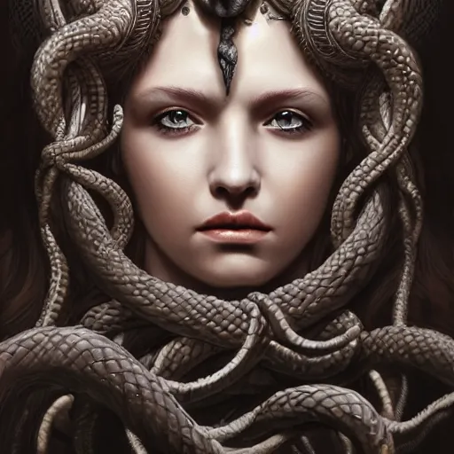 Image similar to an epic portrait of medusa, goddess, beautiful, detailed beautiful face, epic fantasy art, award winning on artstation, trending on deviantart, mystical atmosphere, mythology, high definiton, high detail, high quality, ultra realistic, hyper realistic, 4 k uhd,