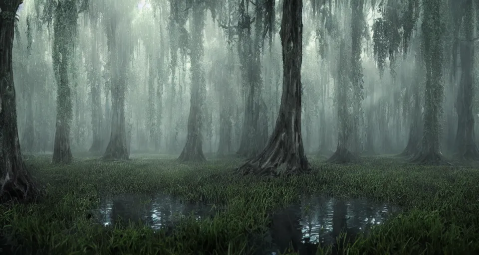 Image similar to A dense and dark enchanted forest with a swamp, with Vray