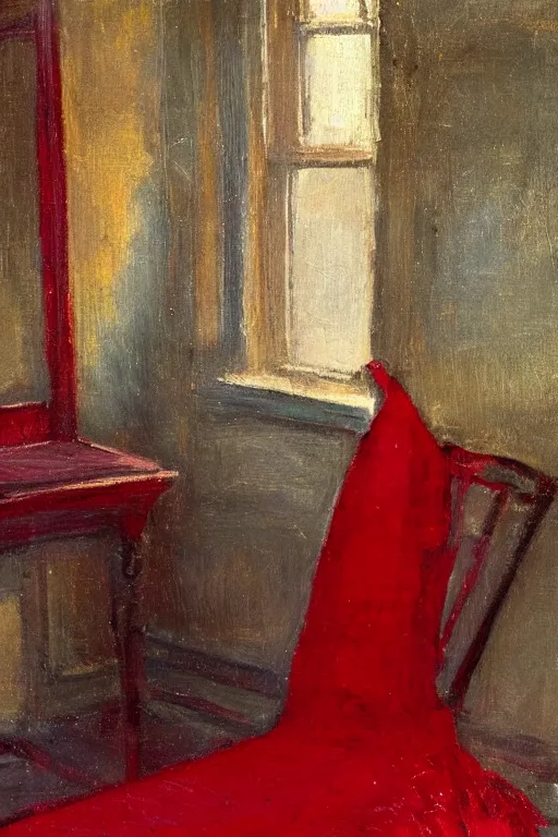 Prompt: an empty red dress laid across a chair in a dark victorian era room. in the style of american impressionism painting. triadic color scheme.