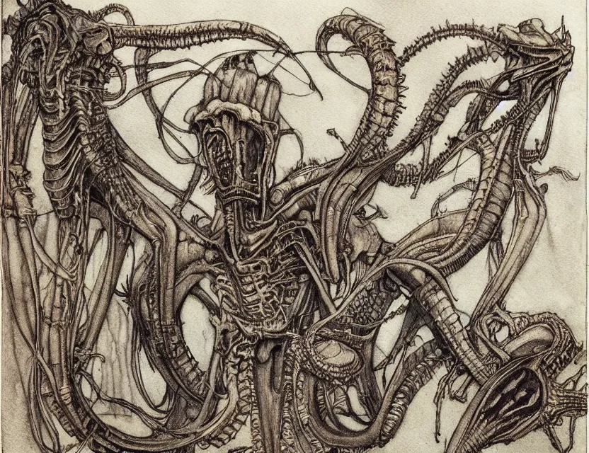 Image similar to a detailed, intricate watercolor and ink illustration with fine lines of h. r. giger's xenomorph, by arthur rackham and edmund dulac and lisbeth zwerger