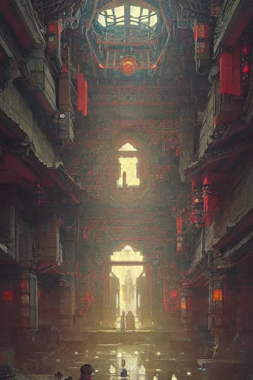 Image similar to cyberpunk Korean ancient castle, fantasy, painting by greg rutkowski and alphonse mucha