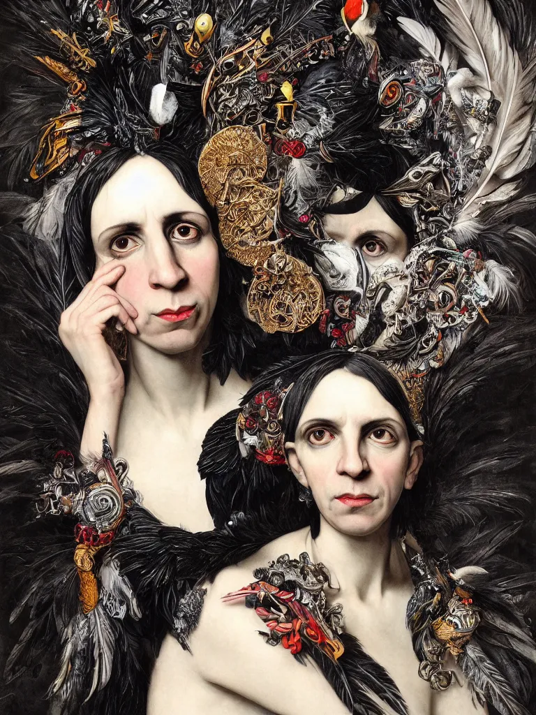 Image similar to Detailed maximalist portrait with stunning jet-black skin, white beautiful eyes, a mouth like PJ Harvey, feathers and milk, HD mixed media, 3D collage, highly detailed and intricate, surreal illustration in the style of Caravaggio, dark art, baroque