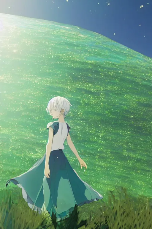 Prompt: 3D CG anime Land of the Lustrous Houseki no Kuni character Phosphophyllite person made of bluegreen gem rock running through a grassy field on a sunny day wearing a white shirt with black tie and black shorts, ocean shoreline can be seen on the horizon, beautiful composition, 3D render, 8k, key visual, made by Haruko Ichikawa, Makoto Shinkai, studio Ghibli