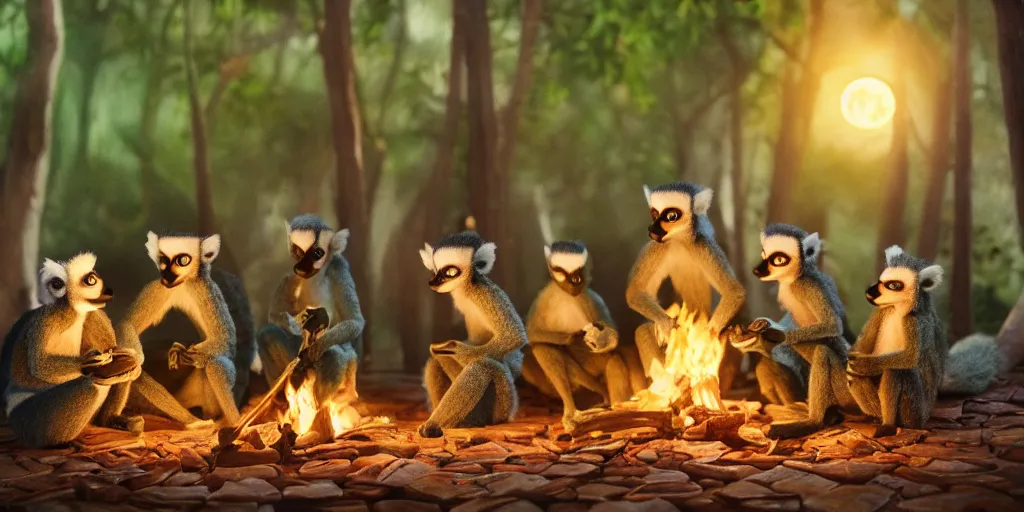 Prompt: 4 lemurs gathering by the fire with books in the magical forest fantastic mister fox by wes anderson style 4 k mated film still, by wes anderson, nature exterior, puppet cartoon, very realistic skin fabric texture, trending on artstation, night, fool moon lights, fade colors,