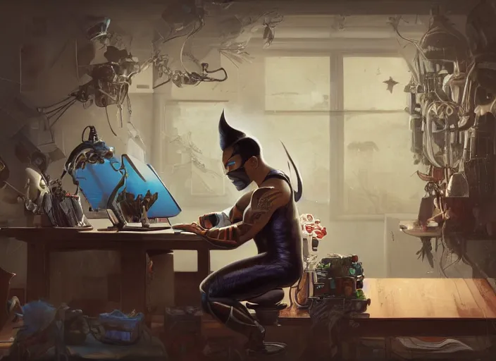 Image similar to an insanely detailed painting of an asian man wearing a homemade superhero costume, sitting at a desk, staring seriously at the computer and typing, in the style of peter mohrbacher, james jean, artgerm, dramatic lighting and composition, surreal background, octane render, pixar, trending on artstation, concept art, comic book, view from behind, 8 k