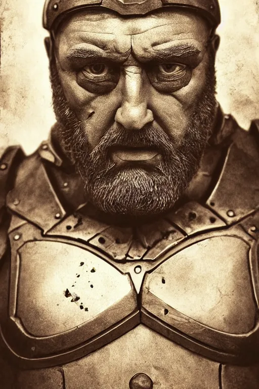 Prompt: man - at - arms from masters of the universe, portrait, full body, symmetrical features, silver iodide, 1 8 8 0 photograph, sepia tone, aged paper, sergio leone, master prime lenses, cinematic