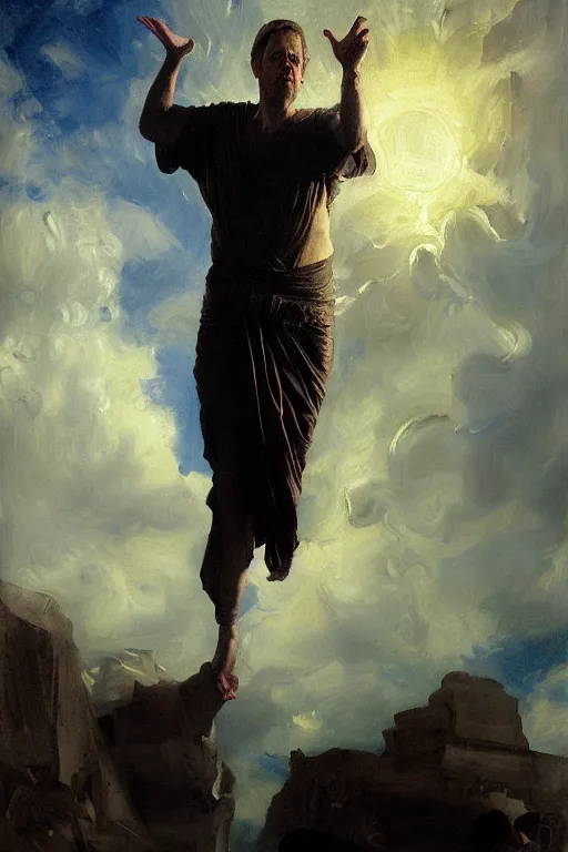 Image similar to beautiful detailed expressive impressionistic oil painting portrait of ancient roman god emperor steve buscemi levitating, ascending into the dark wearing the civic crown, renaissance painting, black background, art by anders zorn, wonderful masterpiece by greg rutkowski, expressive brush strokes, beautiful cinematic light, american romanticism by greg manchess, jessica rossier