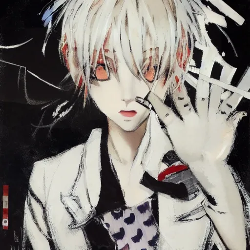 Prompt: Three quarter view Yoshitaka Amano style portrait of an anime girl with short white hair and different eyes wearing suit with patterns, smoking cigarette, abstract black and white background, film grain effect, highly detailed, oil painting, expressive brush strokes