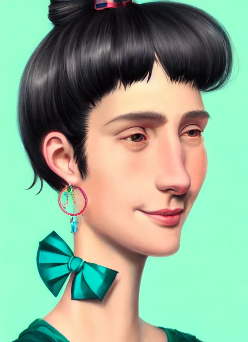 Image similar to portrait of high school girl, realistic, black hair, bangs, half updo hairstyle, pointy nose, skinny, smile, ugly, defined jawline, big chin, teal hair bow, earrings, intricate, elegant, glowing lights, highly detailed, digital painting, artstation, sharp focus, illustration, art by wlop, mars ravelo and greg rutkowski