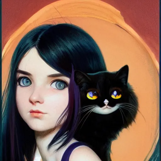 Image similar to emo girl and her cat, with long dark hair, thick eyebrows!!! deep dark big eyes and dark circles!, wide nose!!!, oval face shape, big cheeks!, violet from the incredibles by greg rutkowski and alphonse mucha, pexels contest winner, high quality photo, rtx, hd