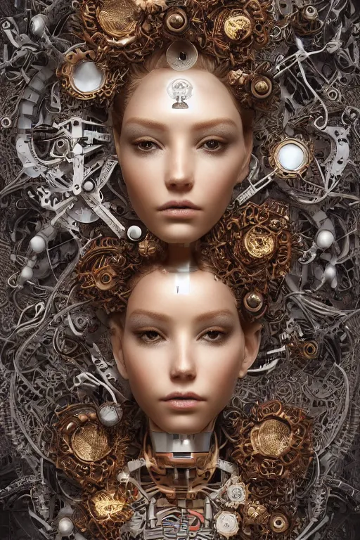 Prompt: a beautiful intricate fine art portrait photo of a cyborg with bionic implants, epic wavy hair spread out around her lined with white hibiscus, lying on a mandala, by natalie shau and michal karcz, masterpiece!, futuristic robot body, top view, studio lighting, golden ratio composition, 3 5 mm lens, deep depth of field, artstation, 8 k