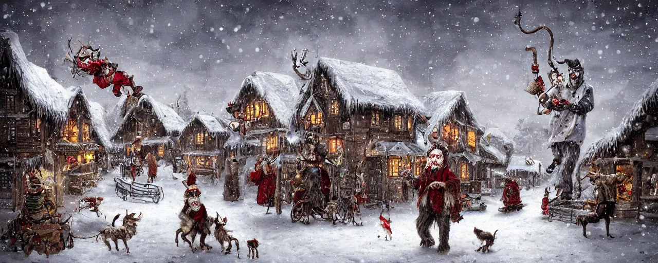 Image similar to Victorian Krampus in a snowy christmas village by antoni piotrowski