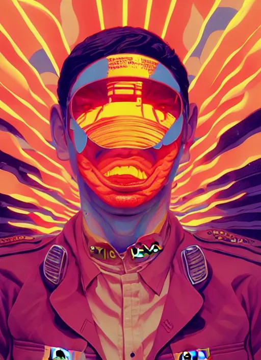 Image similar to burning police officer in sci fi prison, tristan eaton, victo ngai, artgerm, rhads, ross draws