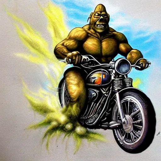 Image similar to soft airbrush art of an orc driving a motorcycle