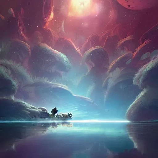 Image similar to Astronauts and some mythical animals are resting to the side of a reflecting lake, this is a surface of a planet with wacky wildlife, some planets and nebulas are as background, by Jordan Grimmer digital art, trending on Artstation,