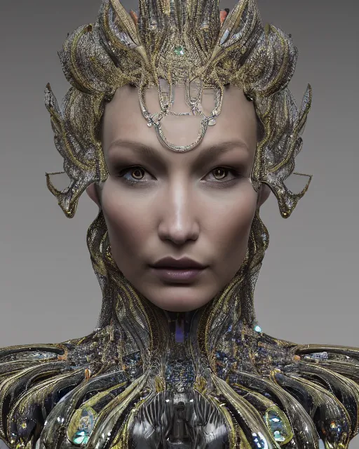 Image similar to a highly detailed metahuman 4 k close up render of an alien goddess bella hadid monument face accessories in iris van herpen dress schiaparelli in diamonds crystals swarovski and jewelry iridescent in style of alphonse mucha gustav klimt trending on artstation made in unreal engine 4