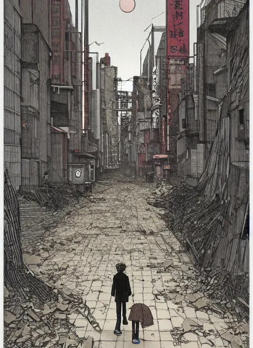 Prompt: illustration of a 2 0 8 0 desolate tokyo street scene by shaun tan, clean, emptyness, torn paper decollage, graphic novel, oil on canvas by edward hopper, ( by mattias adolfsson ), by moebius