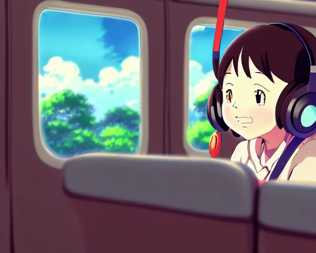 Image similar to anime fine details portrait of joyful girl in headphones in school bus, bokeh. anime masterpiece by Studio Ghibli. 8k render, sharp high quality anime illustration in style of Ghibli, artstation