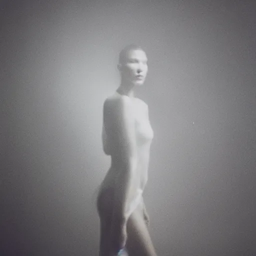 Image similar to bella hadid as maison margiela model. exposure. mysterious. tape photo. processing. lost photo. deep dream effect. award wining photography. foggy. perfect composition. photography masterpiece.