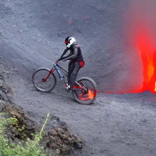 Image similar to darth vader riding a mountain bike through an active volcano