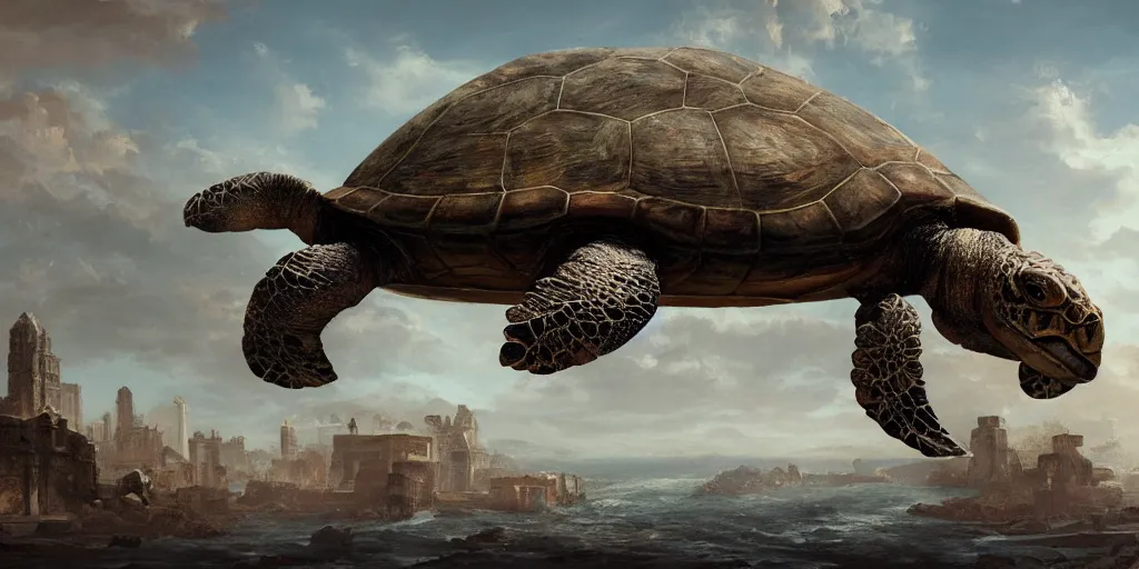 Image similar to huge ancient turtle with an abandoned city on its back, greg rutkowski, 8 k, shallow depth of field, intricate detail, concept art,