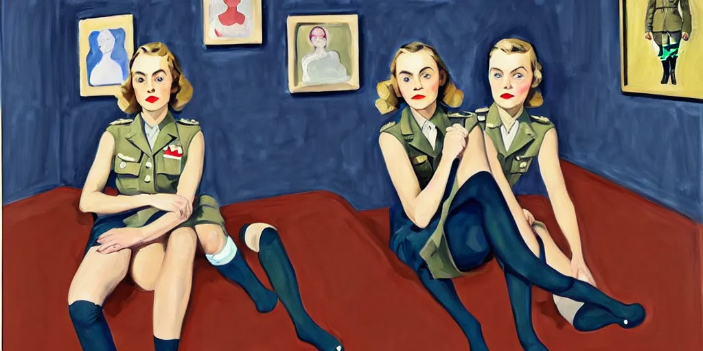 Image similar to oil painting of annasophia robb in a WWII uniform putting on stockings, teaching you a lesson in a void room full of etwined arms, existential horror painted by Alice Neel,